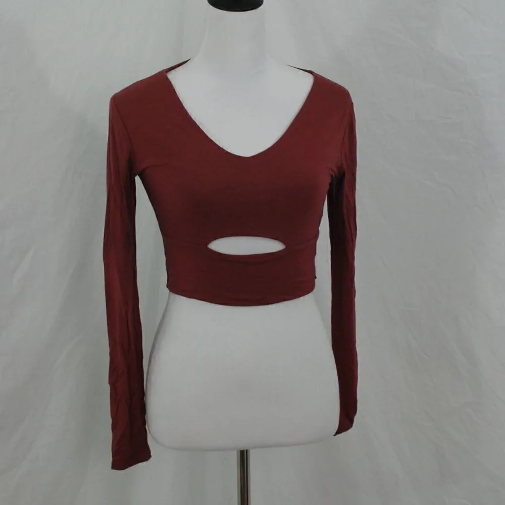 Wasabi + mint Womens Medium Mauve Pink Crop Top Peekaboo Long Sleeve Made in USA